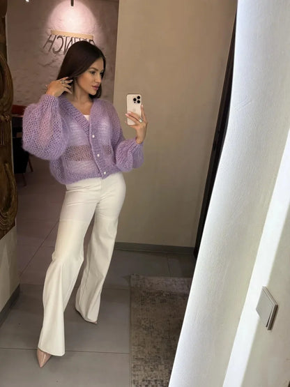 Women Knitting Cardigan 2026 New Women Mohair Knit Cardigan Hollow Out Sheer Long Sleeve Casual Knitted Outerwear Sweater