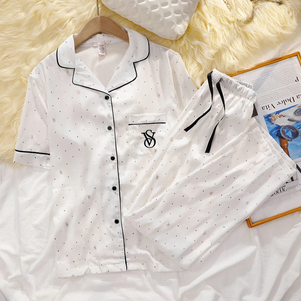 Victoria's Secret Suit Womens Silk Satin Pajamas Set Short Sleeve Shorts Sleepwear Loungewear Soft Breathable Button Down Pyjama
