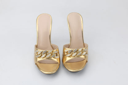 Female Summer High Heels Sexy Open Toes Slippers Luxury Rhinestone Party Dress Shoes Black Slides Sandals Women Mules Plus Size
