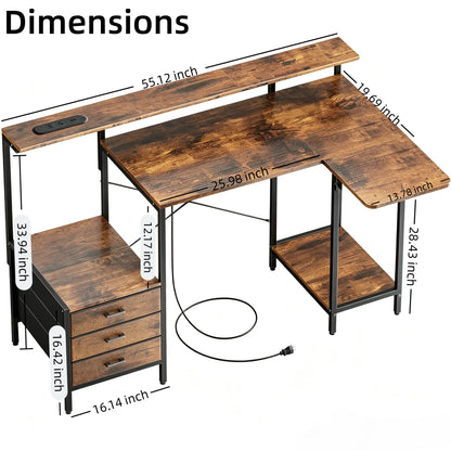 Ergonomic Computer Desk with Monitor Stand, RGB LED Gaming Desk, Featuring a Built-in Charging Station, Power Outlets, and USB Ports, Complete with Storage Drawers and a Fold-Out Side Table; Ideal for Home Offices and Gaming