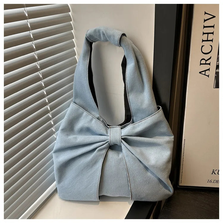 Sweet Bowknot Design Women's Denim Shoulder Bags Commuter Thread Ladies Handbags Casual Lightweight Female Underarm Tote Bag