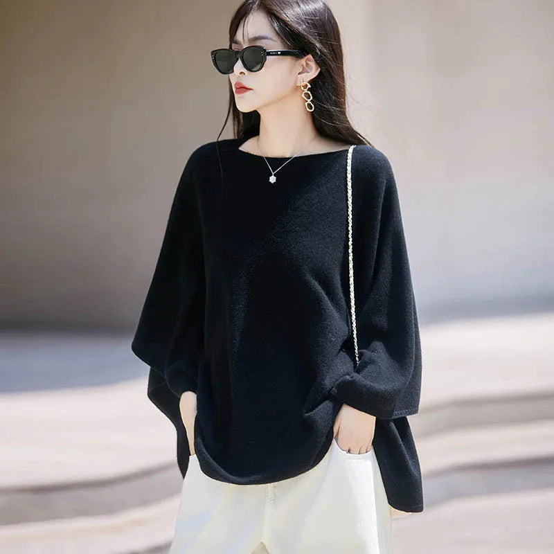 Autumn New 100% Merino Wool Shawl Pullover For Women Soft Solid Cashmere Knitwear Shawl Scarf Female Popular Sweater Grace Tops