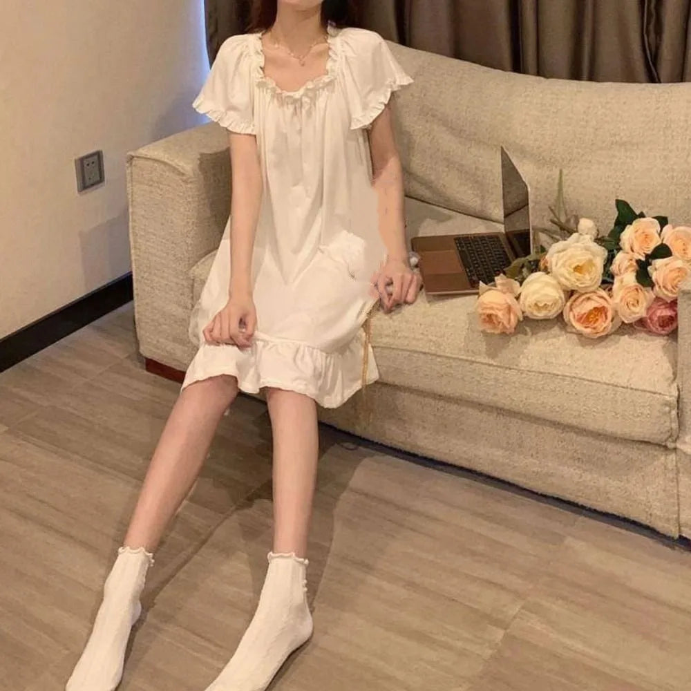 Casual Bowknot Women's Pajama Dress Short Sleeve Loose Ruffle Nightdress Home Wear Sleepwear Princess Nightgown Female