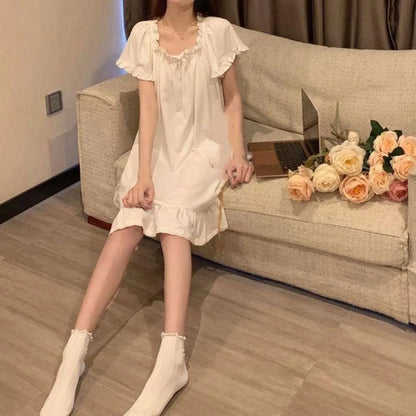 Casual Bowknot Women's Pajama Dress Short Sleeve Loose Ruffle Nightdress Home Wear Sleepwear Princess Nightgown Female