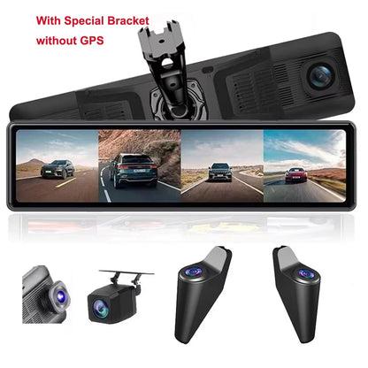 12''Rear View Mirror Camera 4-Channel Mirror Streaming with GPS BSD Blind Spot Detection 4K Front Lens+FHD1080Px3 Reverse Assist