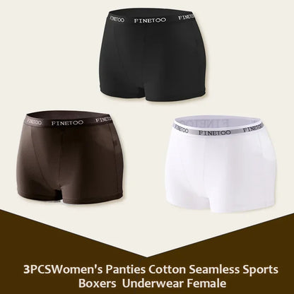 3Pcs Women's Cotton Boxers Panties Seamless Sports Underwear Female Solid Color Briefs Lingerie Intimate Underpant Finetoo S-XXL