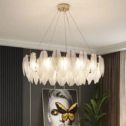 Luxury Villa Led Chandelier Feather Glass Gold Metal for Living Dining Table Room Bedroom Pendant Lights Home Decor Lustre Lamp