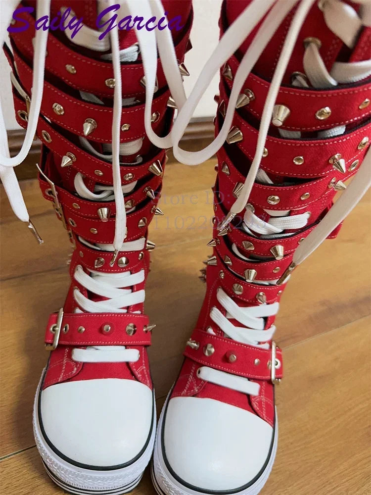 Festival Rave Orange Platform Boots Punk Rivet Buckle Straps Knee High Boots 2026 Fashion Thick Sole Women Shoes Party Footwear