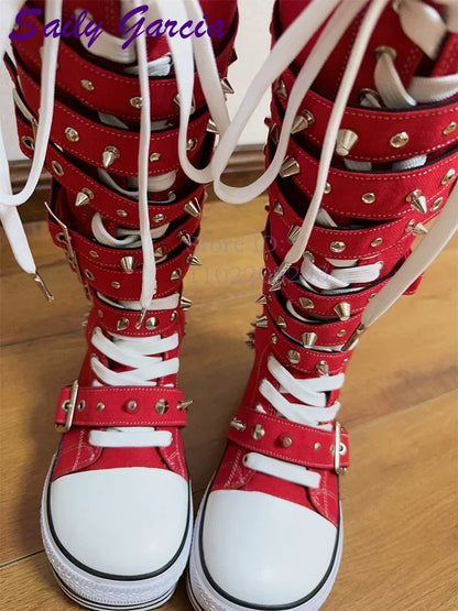 Festival Rave Orange Platform Boots Punk Rivet Buckle Straps Knee High Boots 2026 Fashion Thick Sole Women Shoes Party Footwear