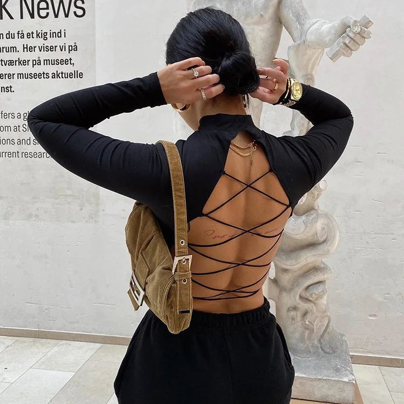 Cross-border women's hollow sexy slim-fit exposed T-shirt lace-up long-sleeved top base shirt street hipster spot
