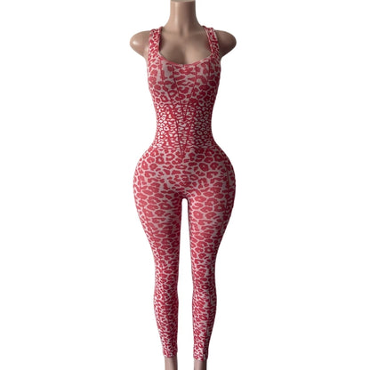 FAGADOER Y2K Sexy Leopard Print Bodycon Jumpsuit Women Halter Sleeveless Deep V Backless Long Romper Streetwear Club Night Party