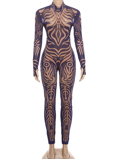 Weird Puss Sexy Striped Print Jumpsuits Women Wild Style Turtleneck Full Sleeve Midnight Party Club Stretch Streetwear Overalls
