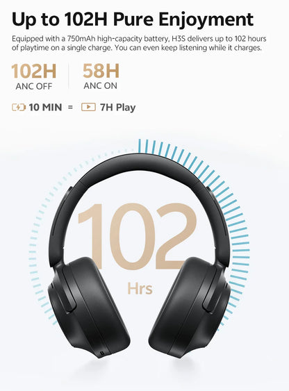 QCY H3S Over Ear Headphone Hi-Res LDAC Spatial Sound Headset H3S -56dB Adaptive ANC Wireless Earphone Bluetooth 6.0 102Hrs
