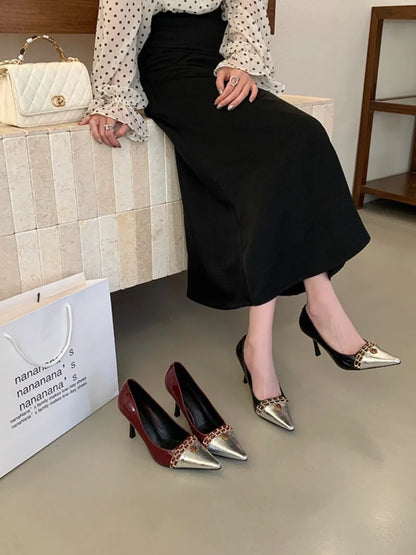 Luxury Metal Decoration Design Pumps Women Sexy Splicing Pointed Toe Stiletto Sandals Elegant Banquet Dress Shoes Zapatos Mujer