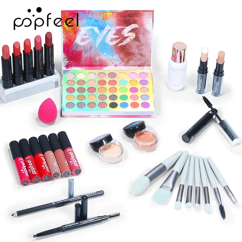 POPFEEL All In One Makeup Kit Cosmetics Set Eyeshadow Palette Concealer Foundation Makeup Brush Eyebrow Pencil Lipgloss Kit