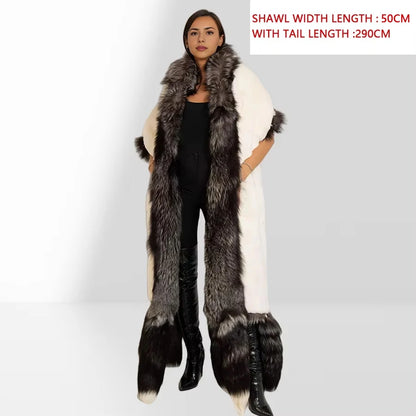 Unisex Double Face Silver Fox & White Rex Boa-Cape With Tails Real Fur Scarf Long Hot Selling Warm Natural Fur Scarf