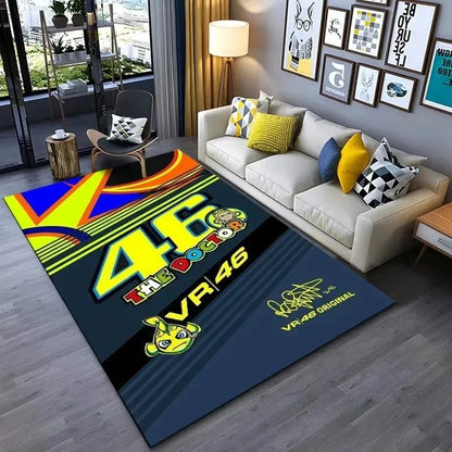Motorcycle Racer The Doctor Carpet Mat Black Yellow Racing Track Living Room Rug with Number 46 Dynamic Design Home Decoration