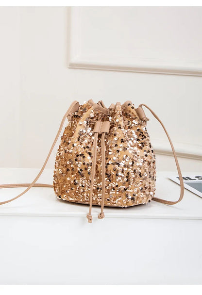 New Chic Multicolor Sequin Shing Shoulder Bag Fashion Versatile Handbag Drawstring Bucket Bag Large Capacity Wallet Purse Bags