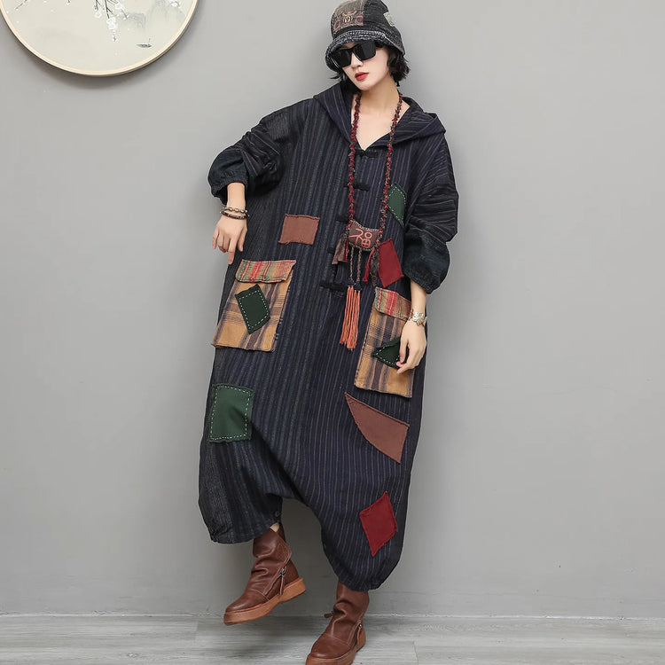 Unique Vintage-style Patchwork Jumpsuit Women Autumn Loose Hooded Long Sleeves Overalls LX6788