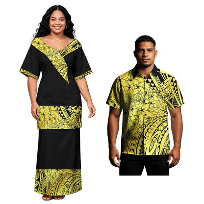 Holiday Party Hawaiian Tropical Pattern Couple Outfits Polynesian Men Button Shirts Women Tribal Design Church Samoan Puletasi