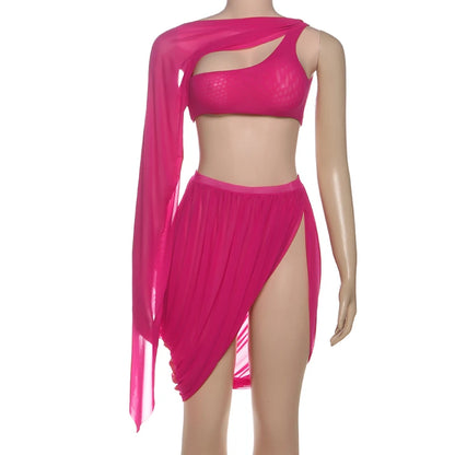 Y2K Sexy 2 Piece Set Women See Through Midnight Irregular Full Sleeve Crop Tops+Ruched Split Skirts Matching Clubwear
