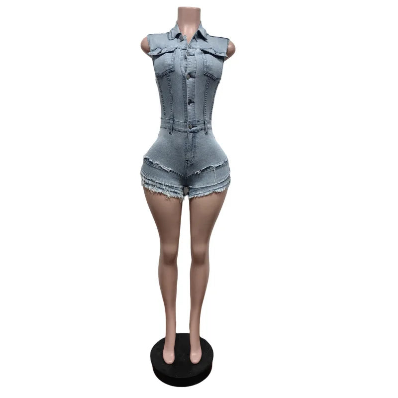 Tassel Denim Casual Playsuit Sexy Women Turn Down Collar Elegant  Jeans Club Party Overalls Romper