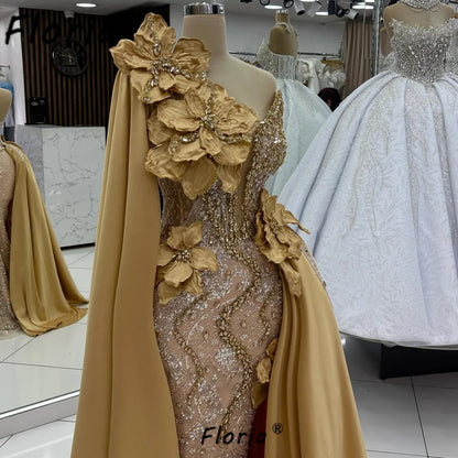 Luxury Gold Wedding Dress Beaded Crystal Appliques 3D Flowers Bride Party Gowns Prom Customized African Woman Vestidos de Gala