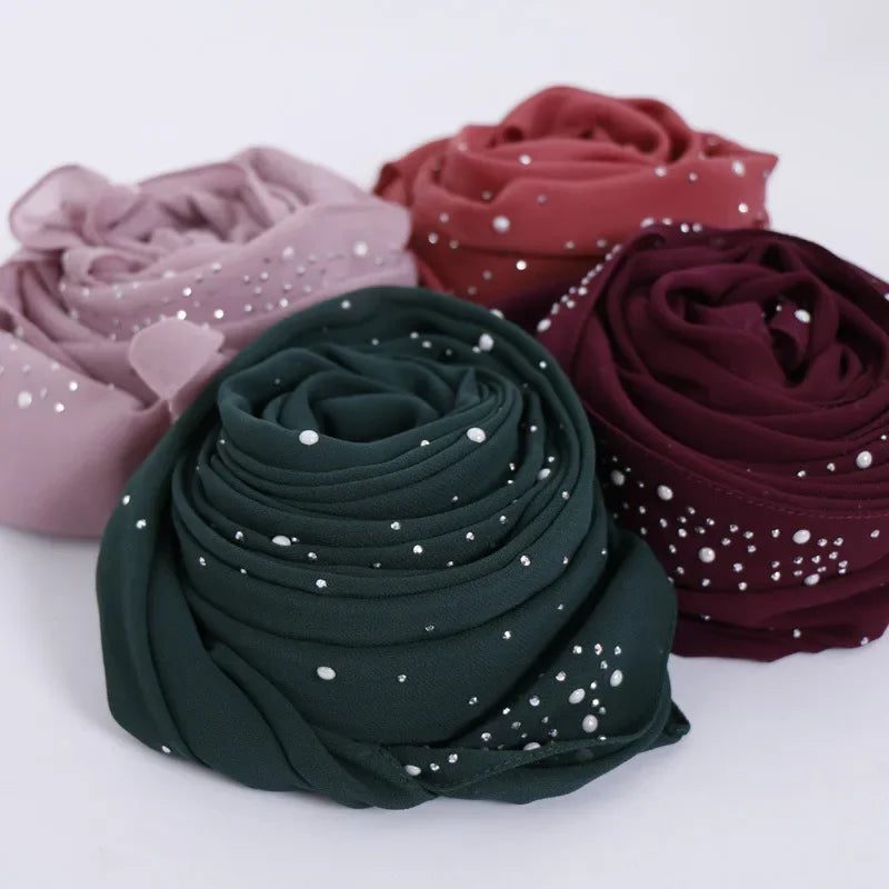 180*70CM New Plain Diamond Beads Bubble Chiffon Instant Hijab Shawls Solid Thick Head Wraps Foulard Sjaal Muslim Bonnet Cachecol