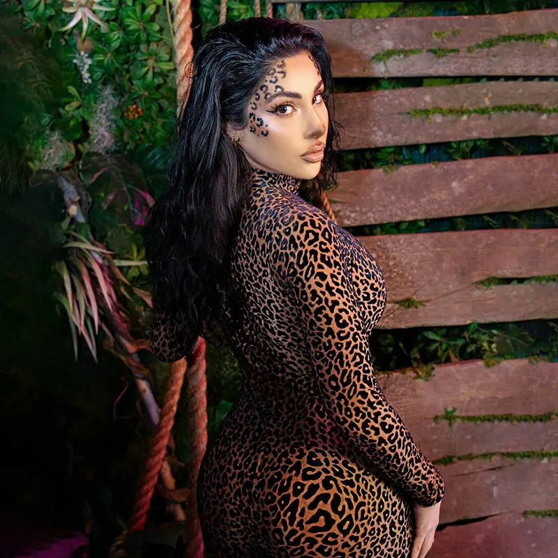 Shestyle Velvet Leopard Sexy Jumpsuits Women Turtleneck Nude Bodycon Mesh Transparent Zipper Fly Slim Fitness Playsuit Clothes
