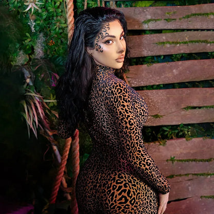 Shestyle Velvet Leopard Sexy Jumpsuits Women Turtleneck Nude Bodycon Mesh Transparent Zipper Fly Slim Fitness Playsuit Clothes