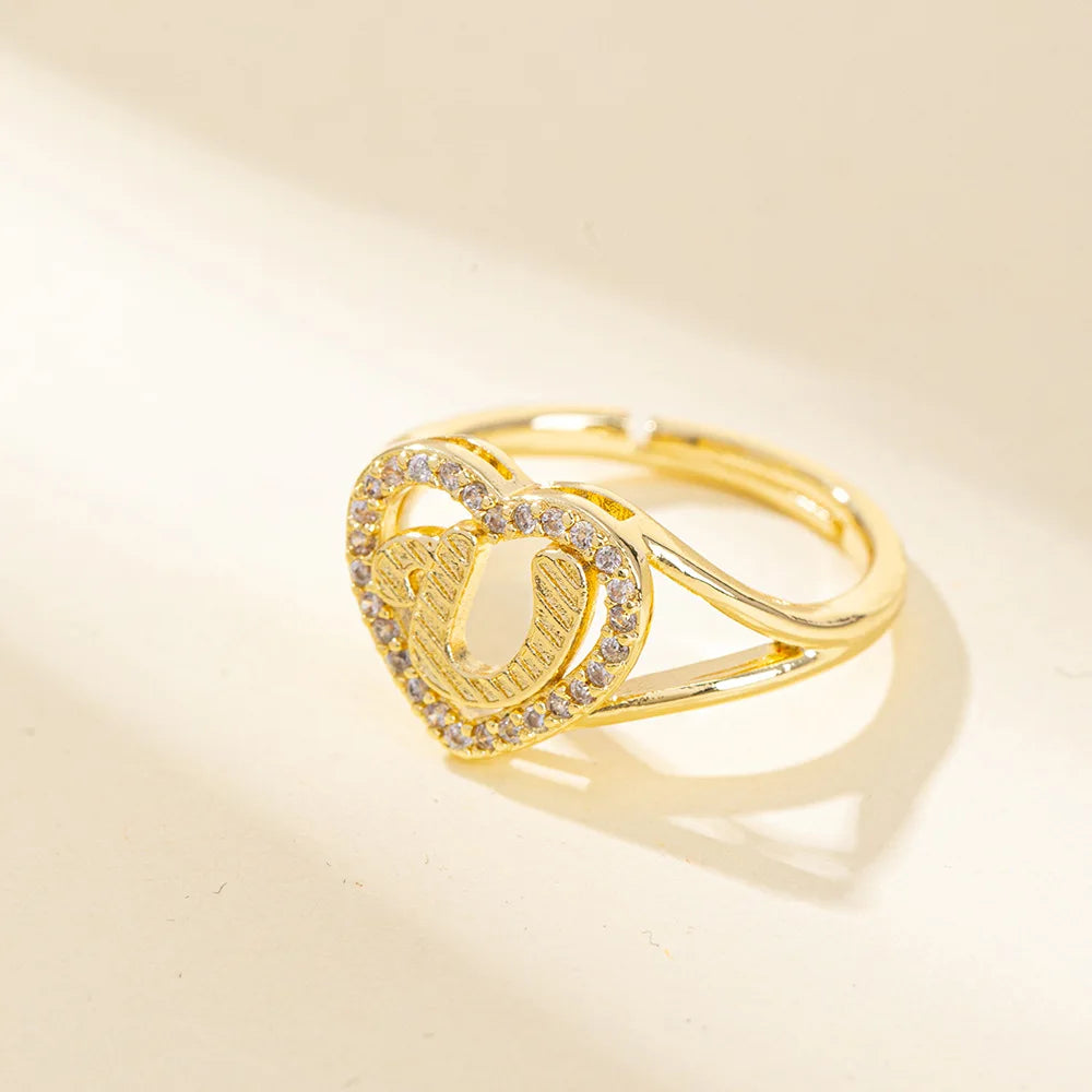 White Zircon 26 Letters A-Z Love Heart Open Adjustable Rings For Women Gold Silver Color Wedding Band Jewelry Mother's Day Gifts