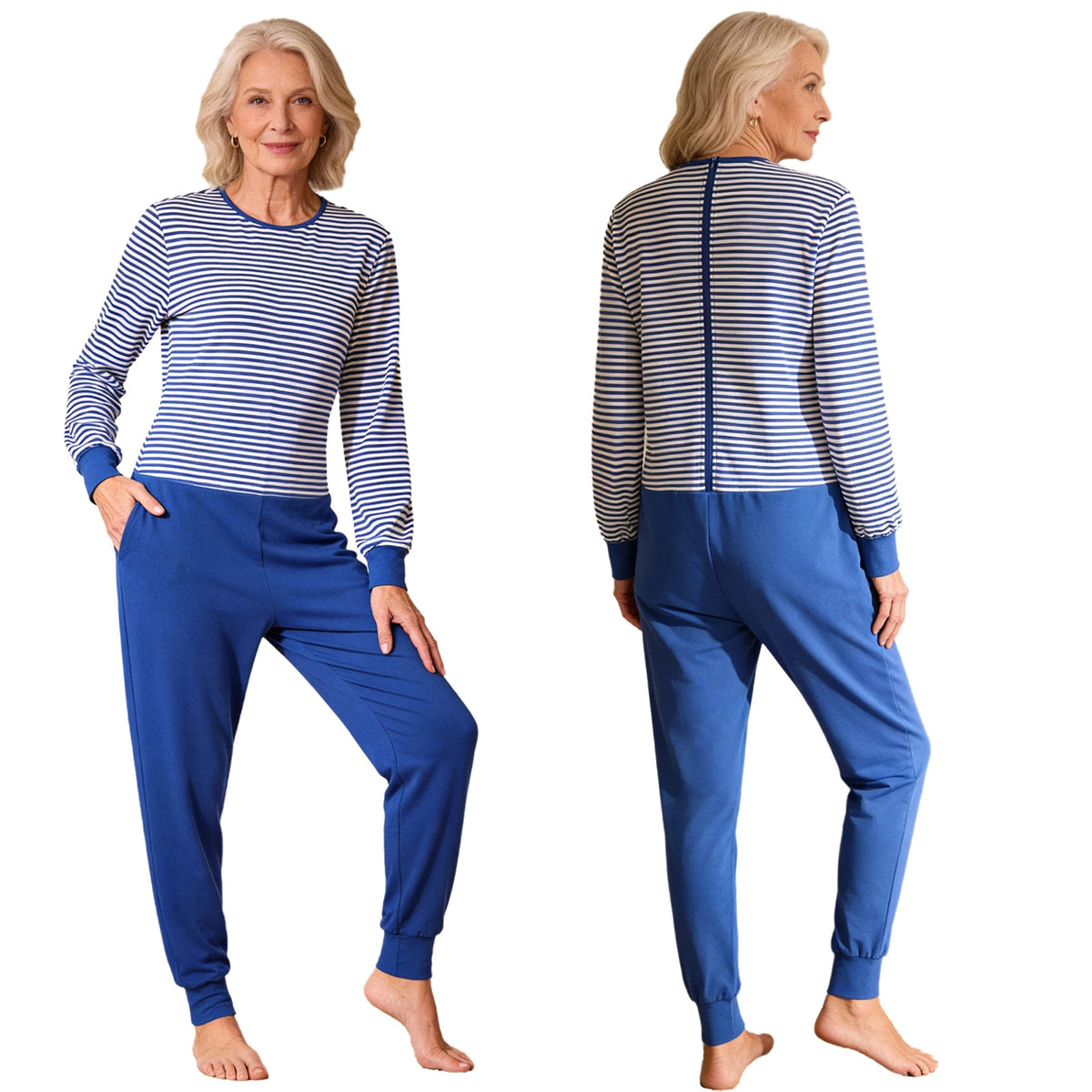 Women Elderly Alzheimer Nursing Jumpsuit Special Need Adaptive Clothing Long Sleeve Back Zipper Anti-strip Stripe Rompers Pajama