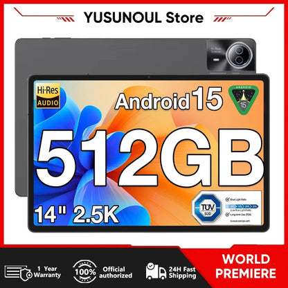 New Upgraded Global Version Android 15 Tablet 14 inch Tablets 20GB 512GB 12900mAh Large Battery BT5.0 5G WiFi GPS Google Play