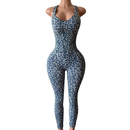 FAGADOER Y2K Sexy Leopard Print Bodycon Jumpsuit Women Halter Sleeveless Deep V Backless Long Romper Streetwear Club Night Party
