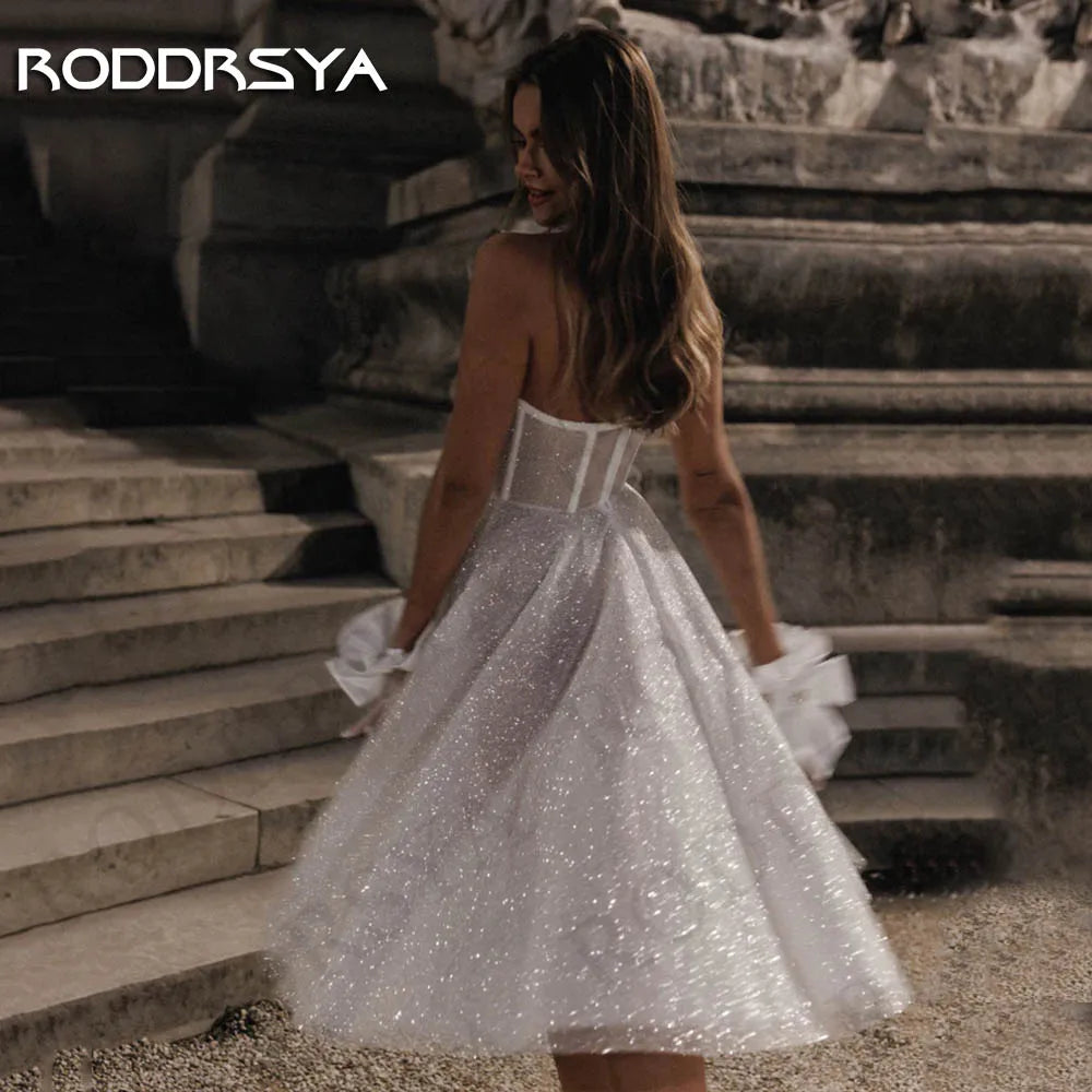RODDRSYA Short Sparkly Wedding Dress Knee Length vestidos de novia Strapless Glitter Tulle Bride Dresses A Line Sleeveless Women