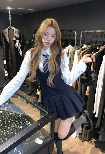 Japan And Korea College Style Jk Set Women's Long Sleeve Shirt Pleated Skirt Strap Dress Set Two Piece Set School Jk Uniform