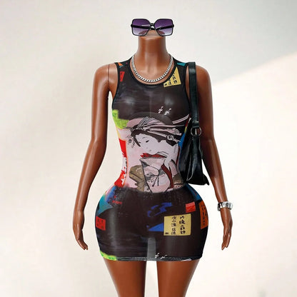 Japanese Geisha Print Mesh Bodycon Dresses Women Sleeveless See Through Sheer Streetwear Club Party Sexy Slim Fit Tank Dress