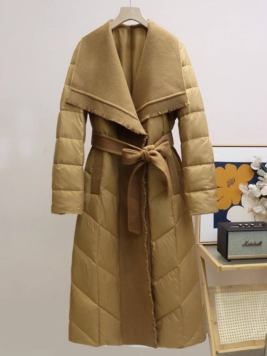 White Duck Down Coat Wool Patchwork 2025 Down Jacket for Women Autumn Winter New Fashion Style Long Puffer Jacket Lady Feather