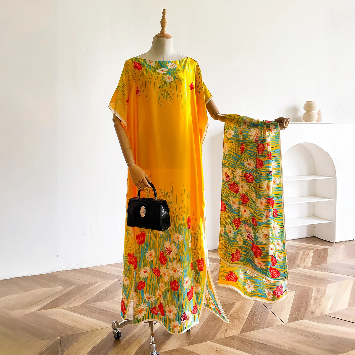2025 New African Fashion Short Sleeve Colored Pattern Dubai Women Summer Real Silk Soft Printing Loose Tradition Muslim Dress
