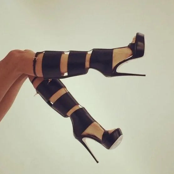 Pink Black Hollow Out Summer New Knee High Boot Women Round Toe Stiletto Heel Platform Back Zipper Elegant Party Dress Sandals