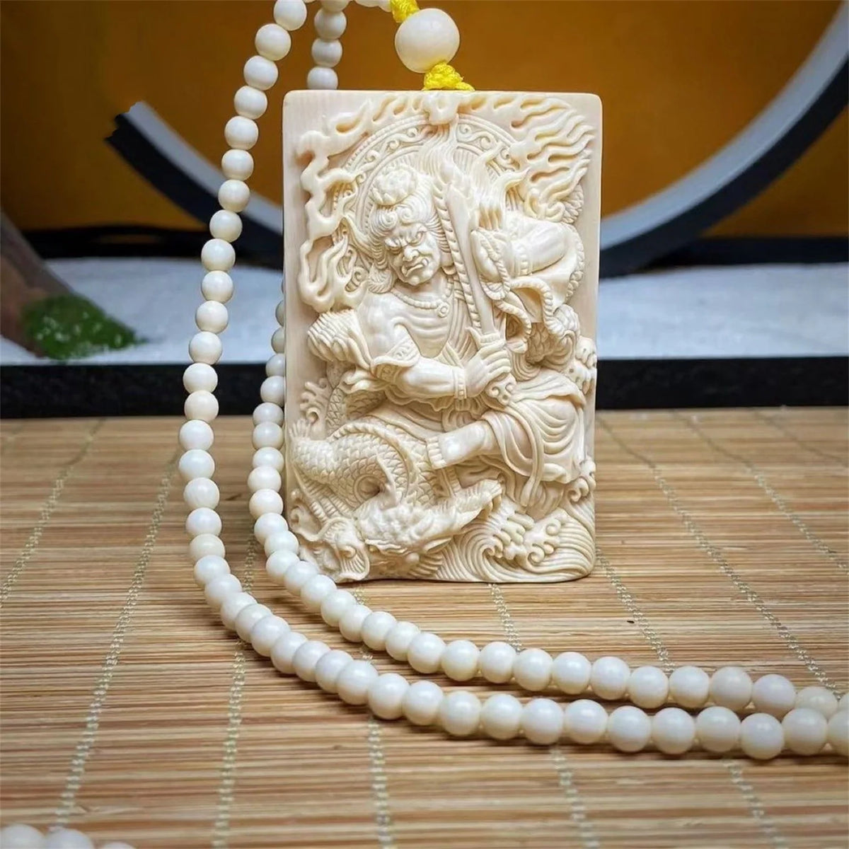 Natural Mammoth Ivory Fudo Myoo Pendant Hand Carved Buddhist Protection Amulet Wisdom King Deity Necklace Jewelry Fossilized