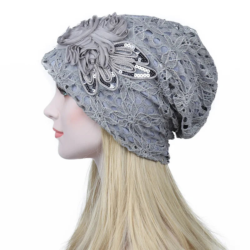 Elegant Women Sequins Lace Turban Cap Flowers Muslim Headwear Hat Female Head Wraps Ladies Headscarf Bonnet Turbante Mejur