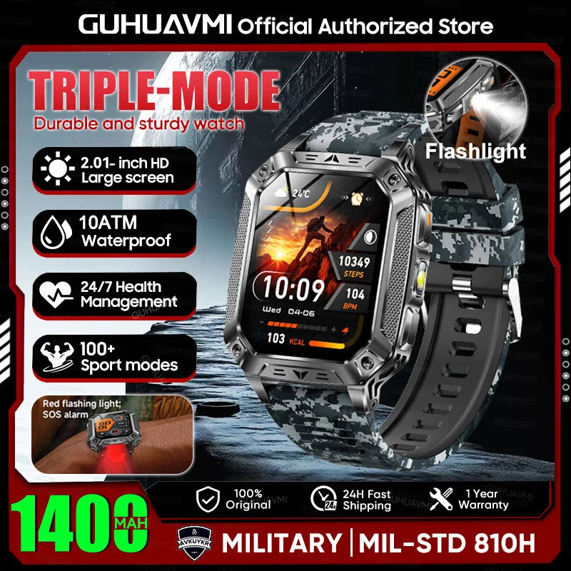 2026 New Military outdoor 1400mAh Battery SmartWatch Men Waterproof Call 2.01" HD AMOLED Sports Heart rate Flashlight Smart Band
