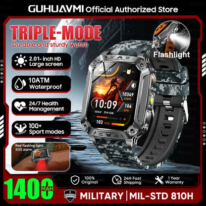 2026 New Military outdoor 1400mAh Battery SmartWatch Men Waterproof Call 2.01" HD AMOLED Sports Heart rate Flashlight Smart Band