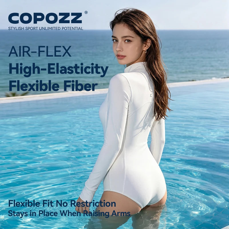 COPOZZ High Neck Swimsuit Women UPF50 Long Sleeve One Piece Rash Guard Swimming Bath Suit Beach Swimwear Female Surfing Bodysuit
