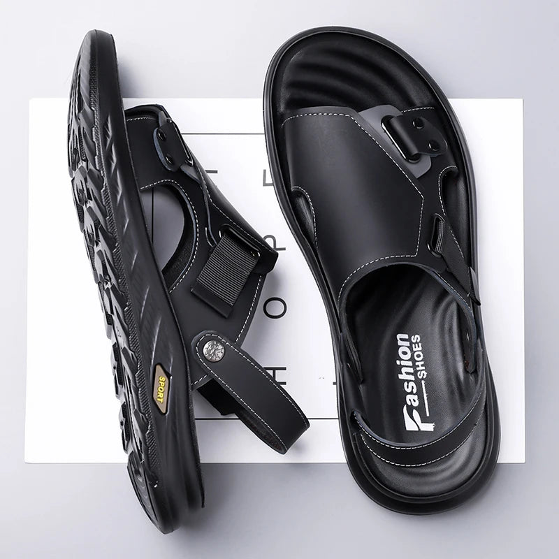 2026New Summer Mens Summer Outdoor Sandals 2-in-1 Beach Walking Shoe Genuine Leather Business Driving Shoe Flat Designer Sandals