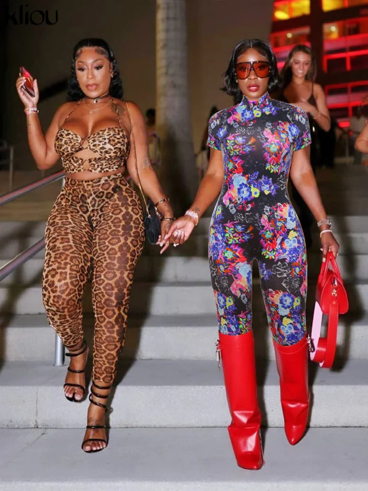 kliou Sexy Printed Women Jumpsuits Fashion New Back Hollow Full Sleeve Stand Collar Slim Overalls Female Midnight Party Clubwear