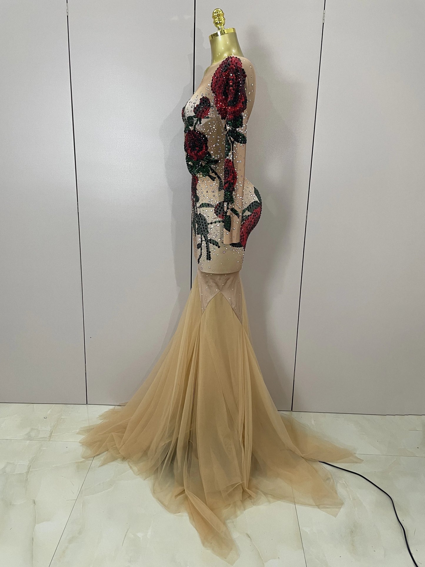 Women Sparkly Diamonds Rose Floral Long Sleeves Floor-Length Dress Eveing Celebrate Birthday Party Nightclub Sexy Stage Costume
