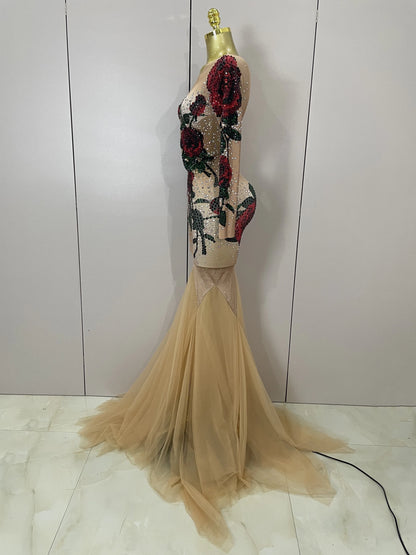 Women Sparkly Diamonds Rose Floral Long Sleeves Floor-Length Dress Eveing Celebrate Birthday Party Nightclub Sexy Stage Costume