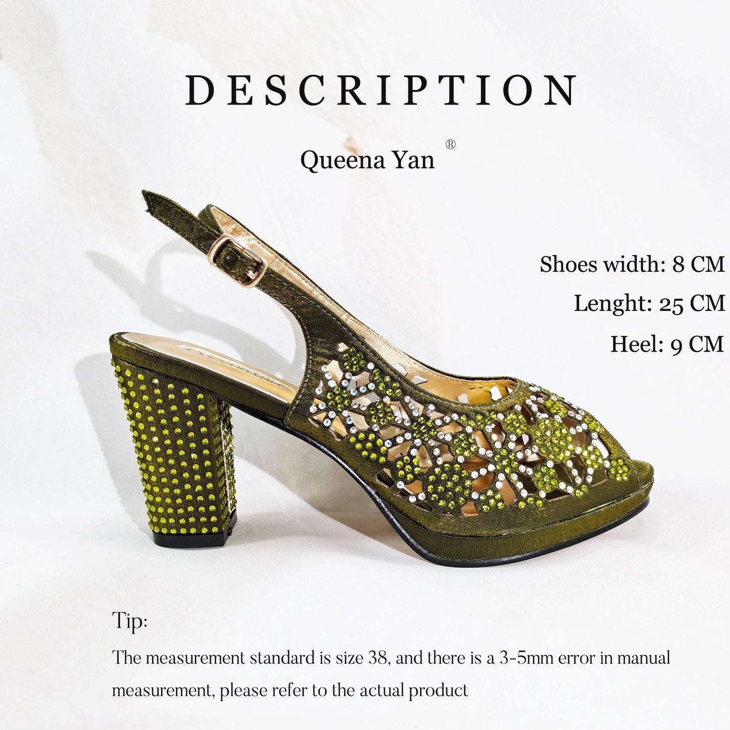 Queena Yan Popularity Olive Color Rhinestone Decoration Design Peep Toe Party Wedding Women High Heels and Bag Set